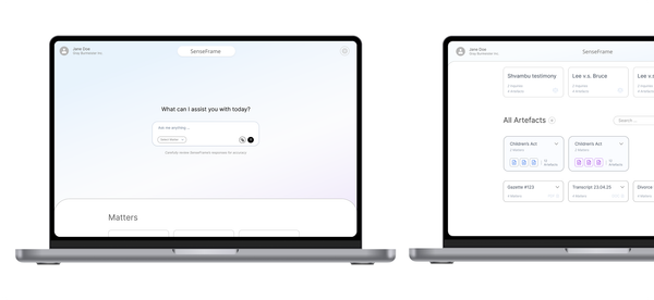 Screenshot showing the SenseFrame app UI, a legal AI assistant for South African legal firms.